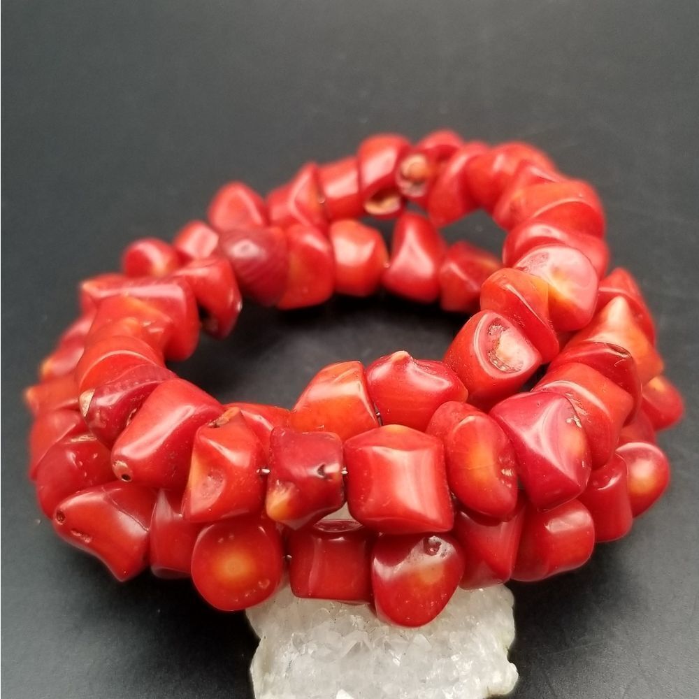 Natural red lava stone wrap tier bracelet brilliant fire color! B137
